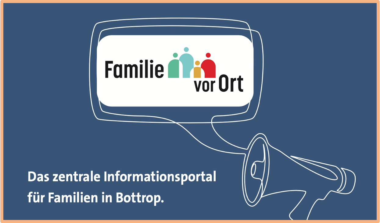 Auf dem Bild ist ein Lautsprecher abgebildet, aus dem eine Sprechblase erscheint, in der steht: Familie vor Ort.