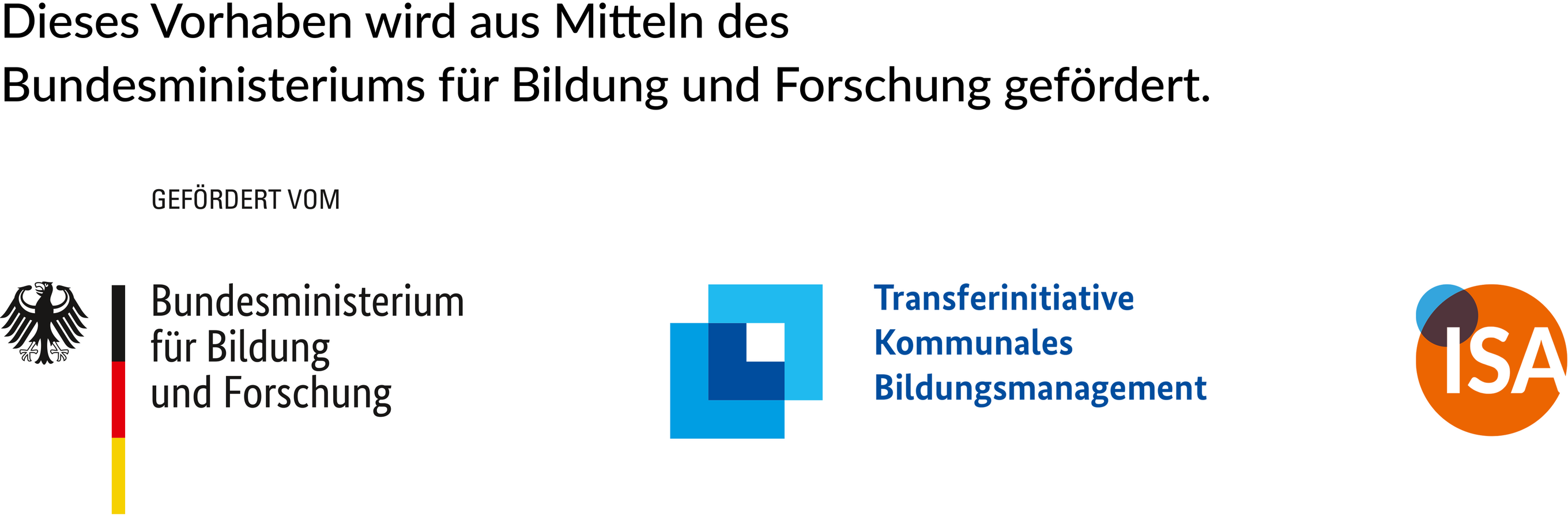 Dieses Vorhaben wird aus Mitteln des Bundesministeriums für Bildung und Forschung gefördert. Abgebildete Logos: Bundesministerium für Bildung und Forschung, Transferinitiative Kommunales Bildungsmanagement, ISA.